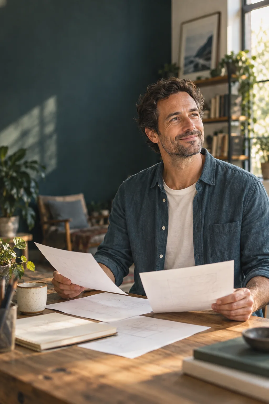 A man reviews his notes at a desk and smiles with a sense of clarity.