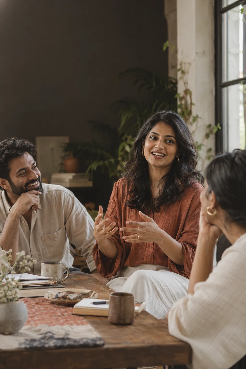 A woman shares an idea with two supportive colleagues around a table.