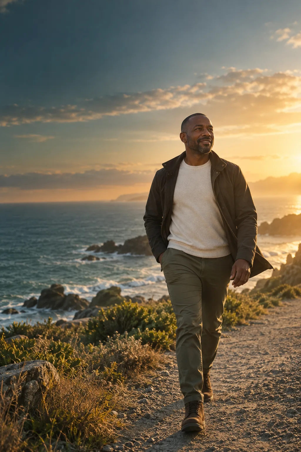 A man walks along a coastal path at sunset, looking ahead.
