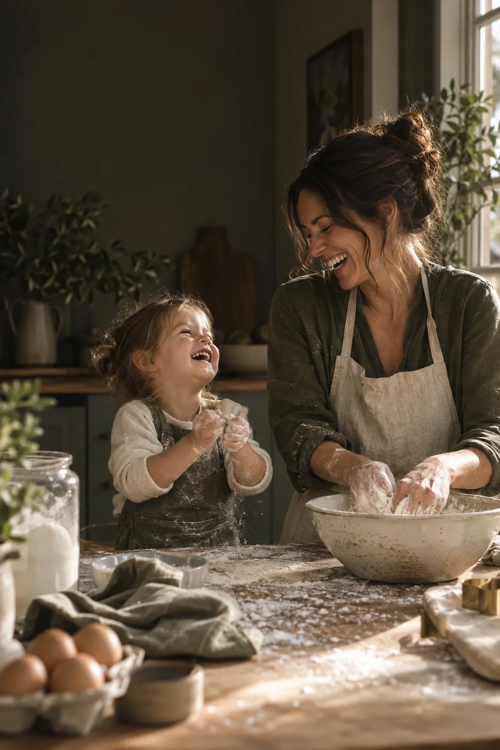 A woman and child laugh together while baking at home.