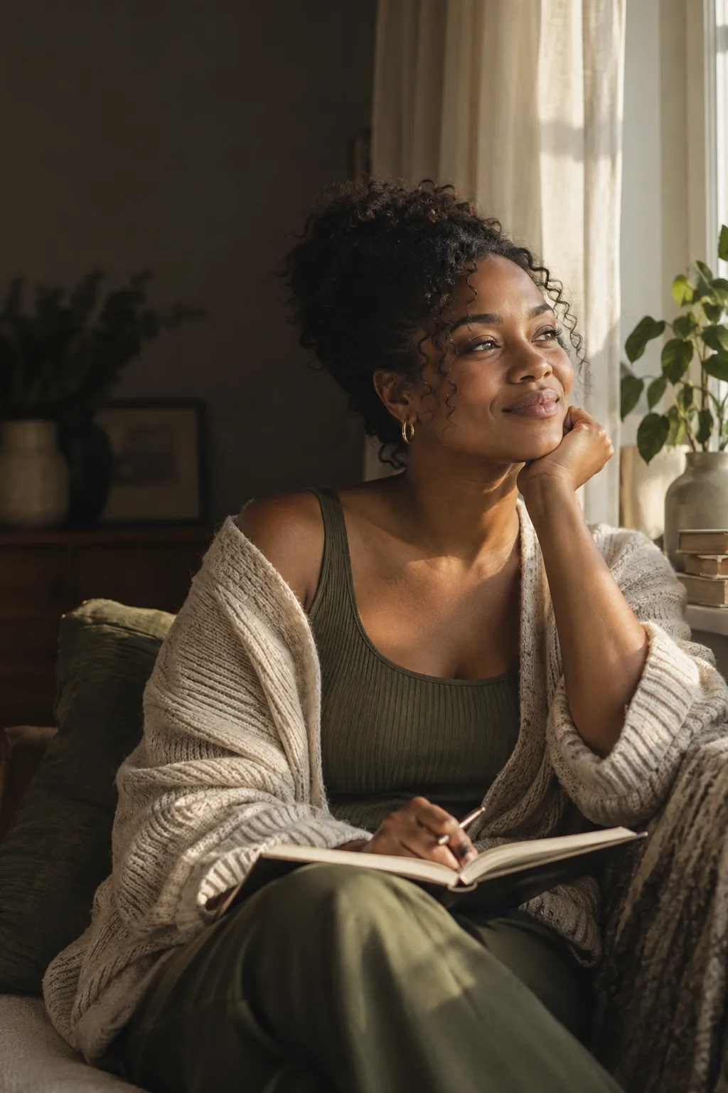 A woman smiles as she reflects with a journal by a sunny window.